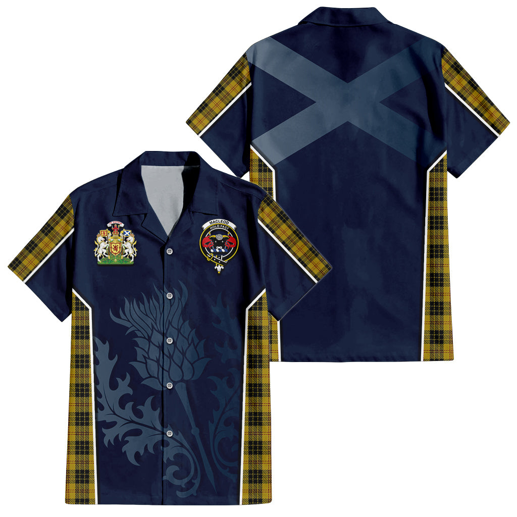 Tartan Vibes Clothing MacLeod Tartan Short Sleeve Button Up Shirt with Family Crest and Scottish Thistle Vibes Sport Style