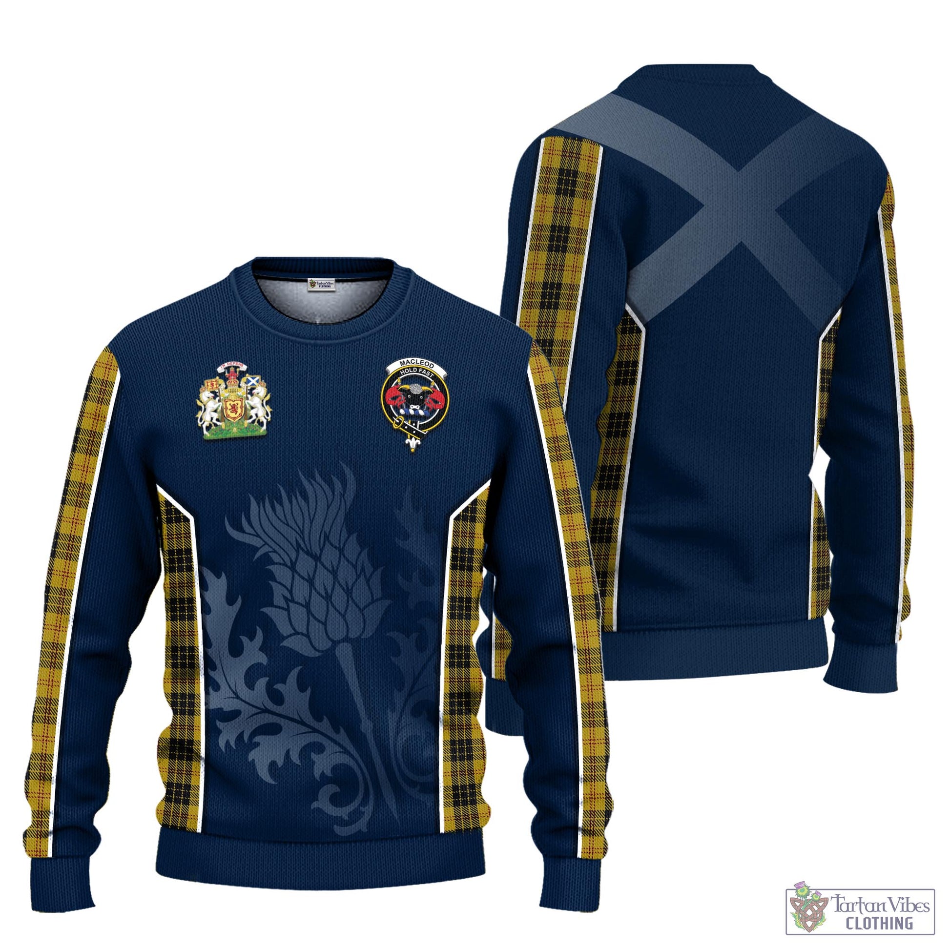 Tartan Vibes Clothing MacLeod Tartan Knitted Sweatshirt with Family Crest and Scottish Thistle Vibes Sport Style