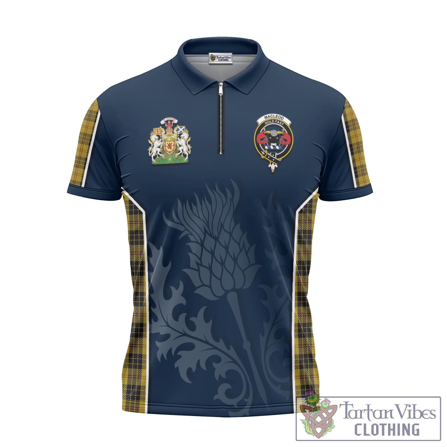 Tartan Vibes Clothing MacLeod Tartan Zipper Polo Shirt with Family Crest and Scottish Thistle Vibes Sport Style