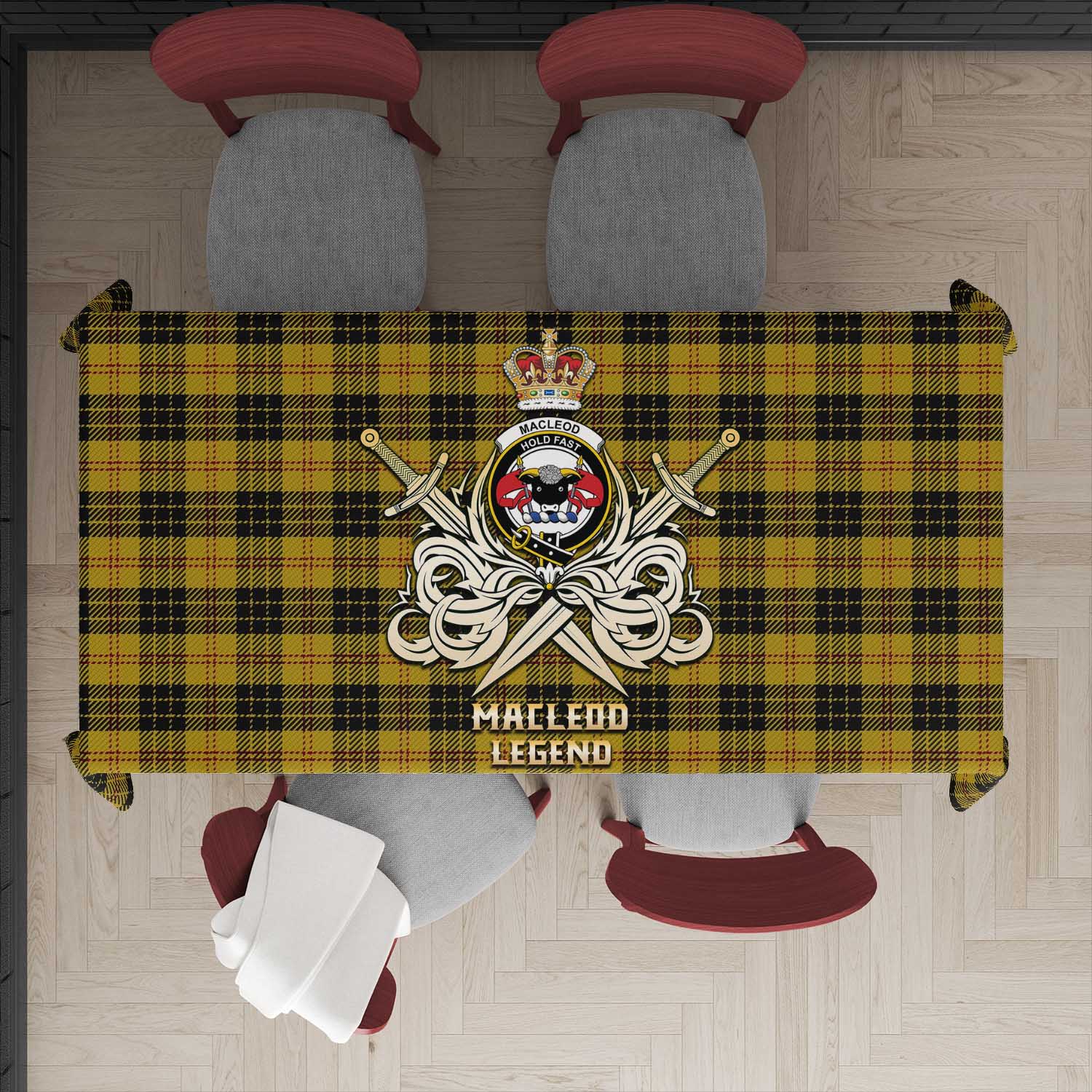 Tartan Vibes Clothing MacLeod Tartan Tablecloth with Clan Crest and the Golden Sword of Courageous Legacy