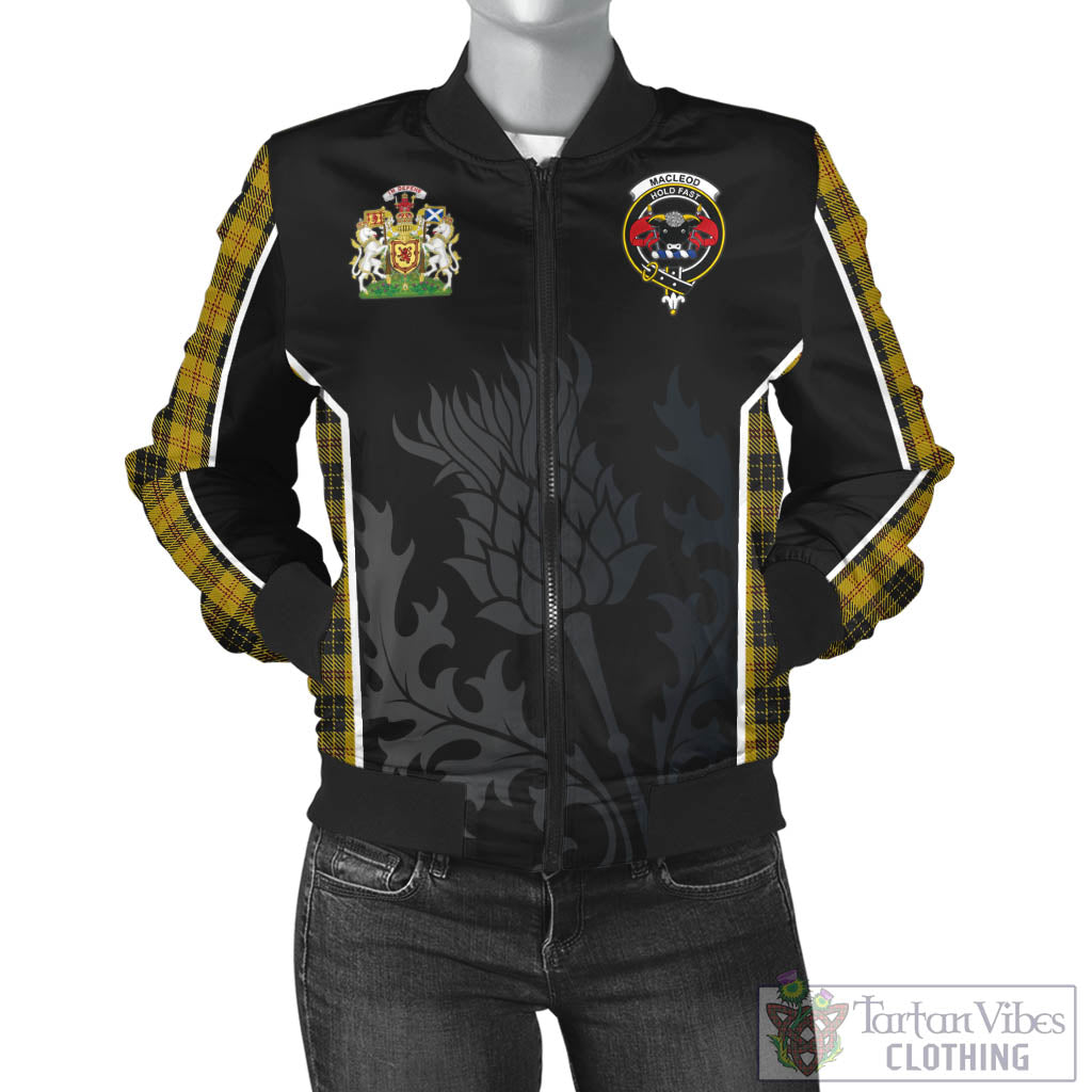 Tartan Vibes Clothing MacLeod Tartan Bomber Jacket with Family Crest and Scottish Thistle Vibes Sport Style
