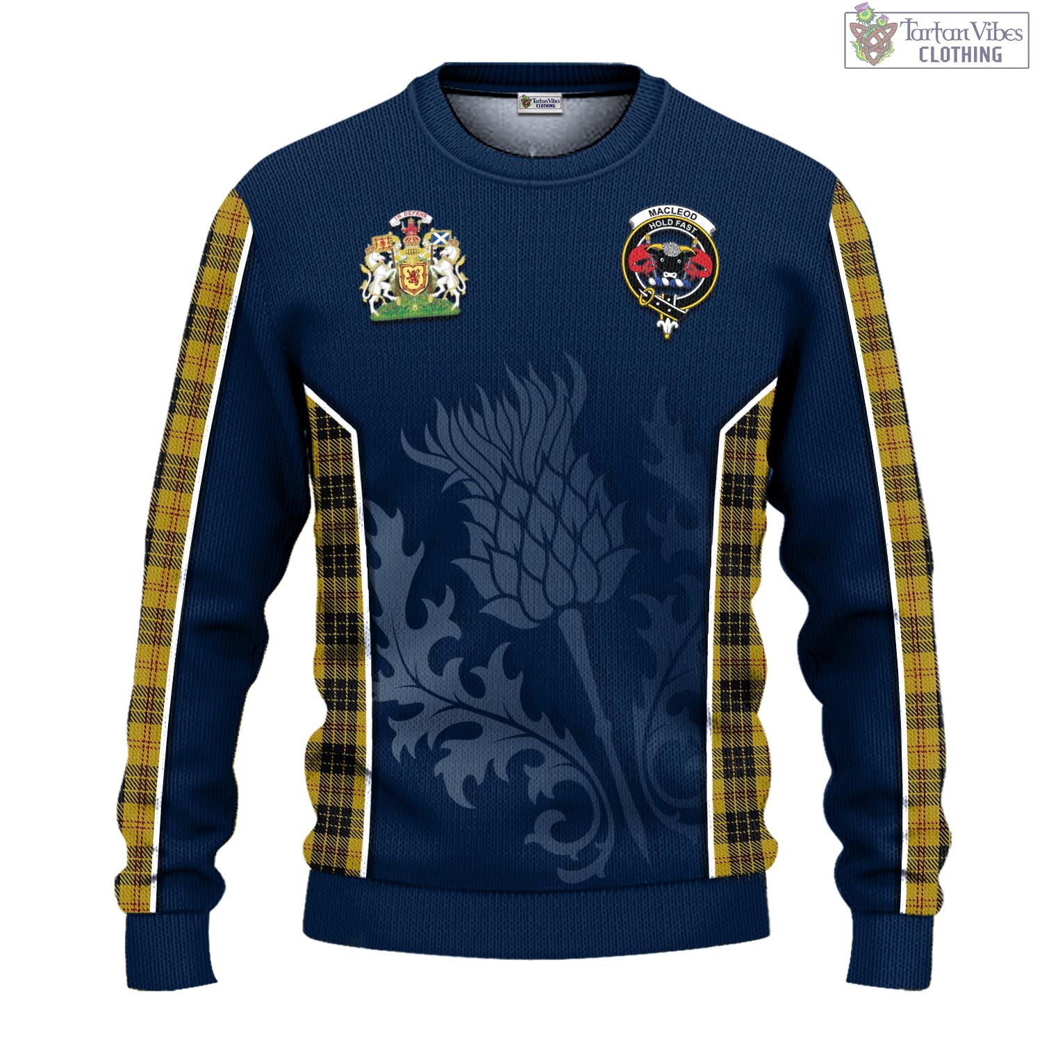 Tartan Vibes Clothing MacLeod Tartan Knitted Sweatshirt with Family Crest and Scottish Thistle Vibes Sport Style