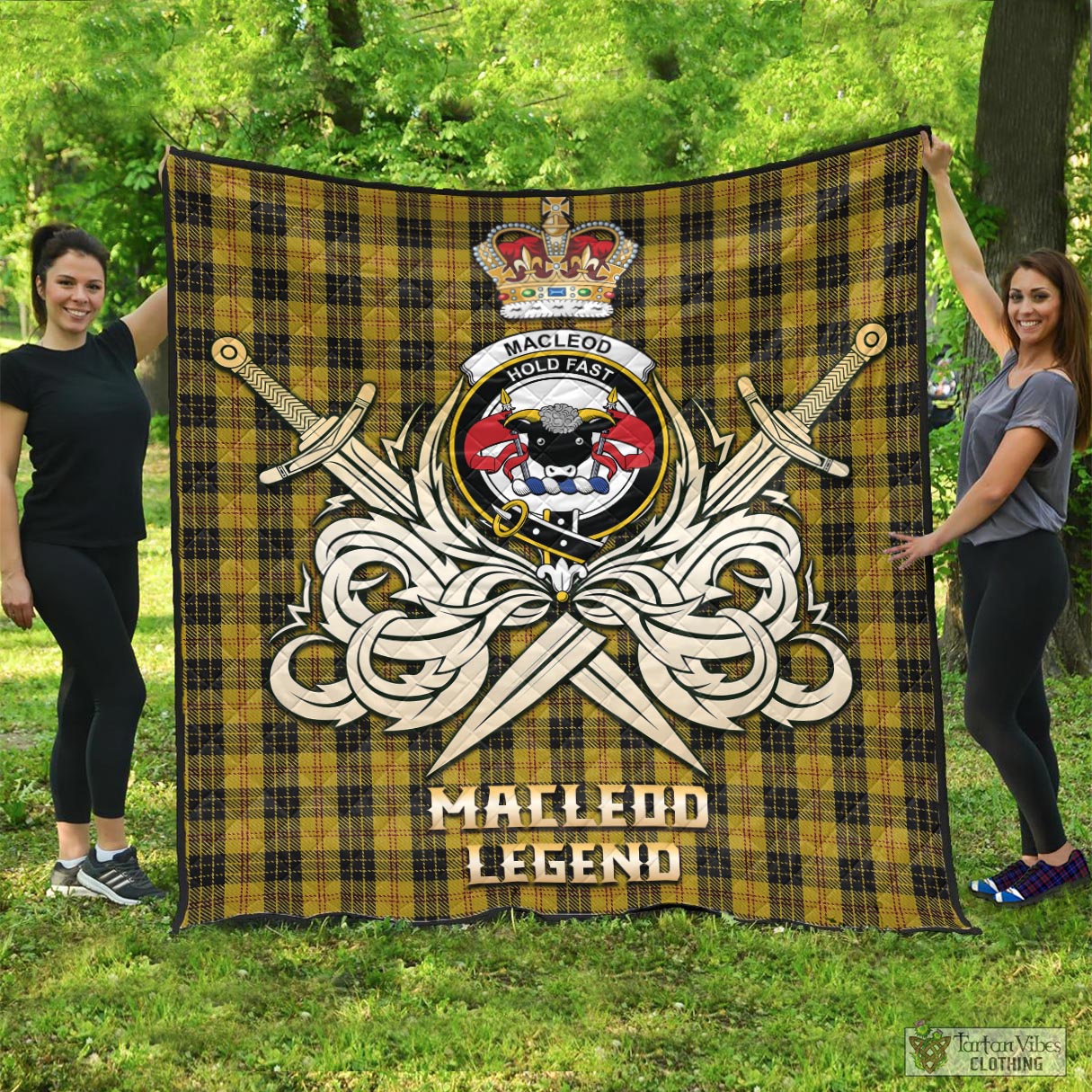 Tartan Vibes Clothing MacLeod Tartan Quilt with Clan Crest and the Golden Sword of Courageous Legacy