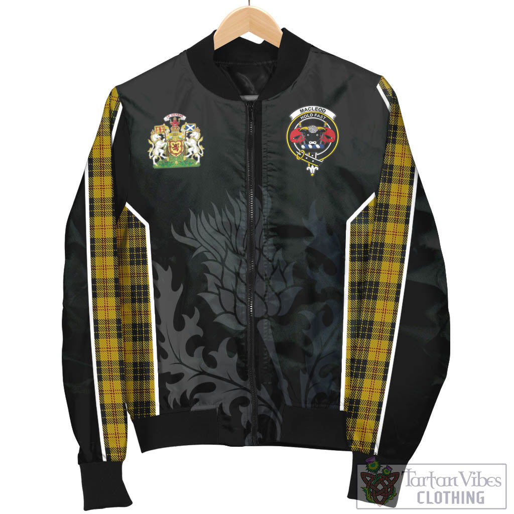 Tartan Vibes Clothing MacLeod Tartan Bomber Jacket with Family Crest and Scottish Thistle Vibes Sport Style