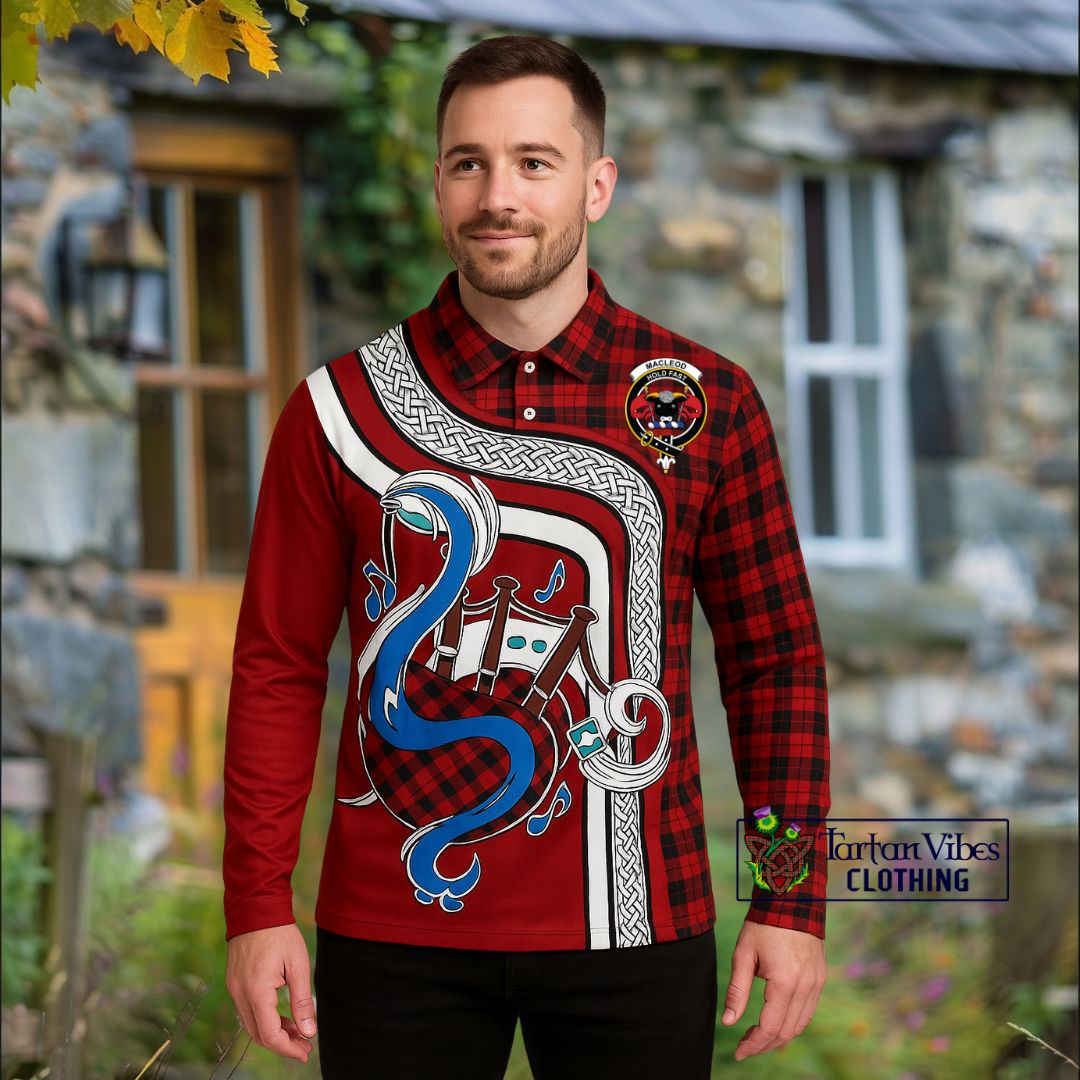 MacLeod Black and Red Tartan Long Sleeve Polo Shirt with Epic Bagpipe Style
