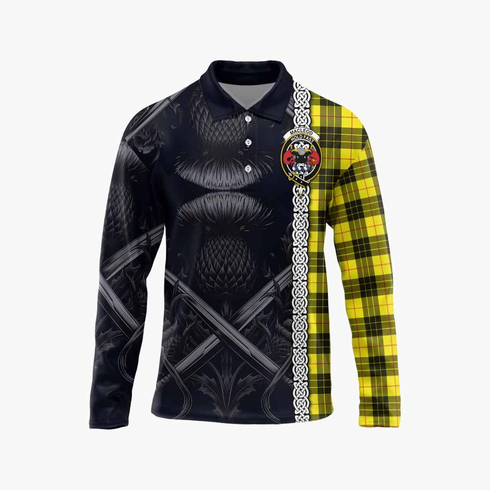 Tartan Vibes Clothing MacLeod (McLeod) Tartan Long Sleeve Polo Shirt with Family Crest Cross Sword Thistle Celtic Vibes