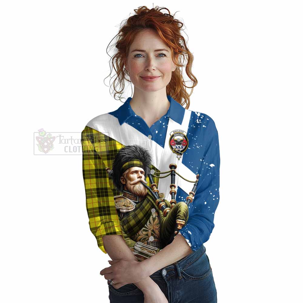 Tartan Vibes Clothing MacLeod (McLeod) Tartan Women's Casual Shirt with Family Crest Scottish Bagpiper Vibes