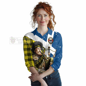 Tartan Vibes Clothing MacLeod (McLeod) Tartan Women's Casual Shirt with Family Crest Scottish Bagpiper Vibes
