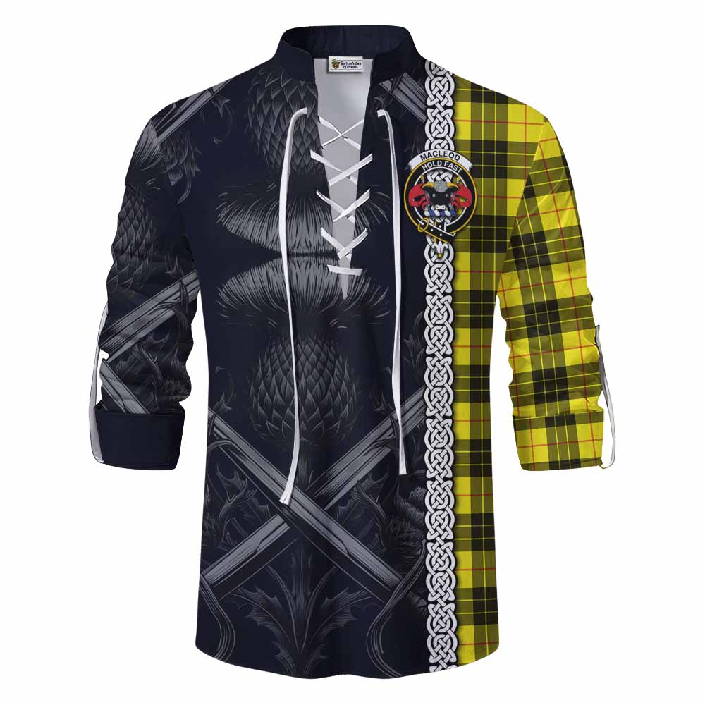 Tartan Vibes Clothing MacLeod (McLeod) Tartan Ghillie Kilt Shirt with Family Crest Cross Sword Thistle Celtic Vibes