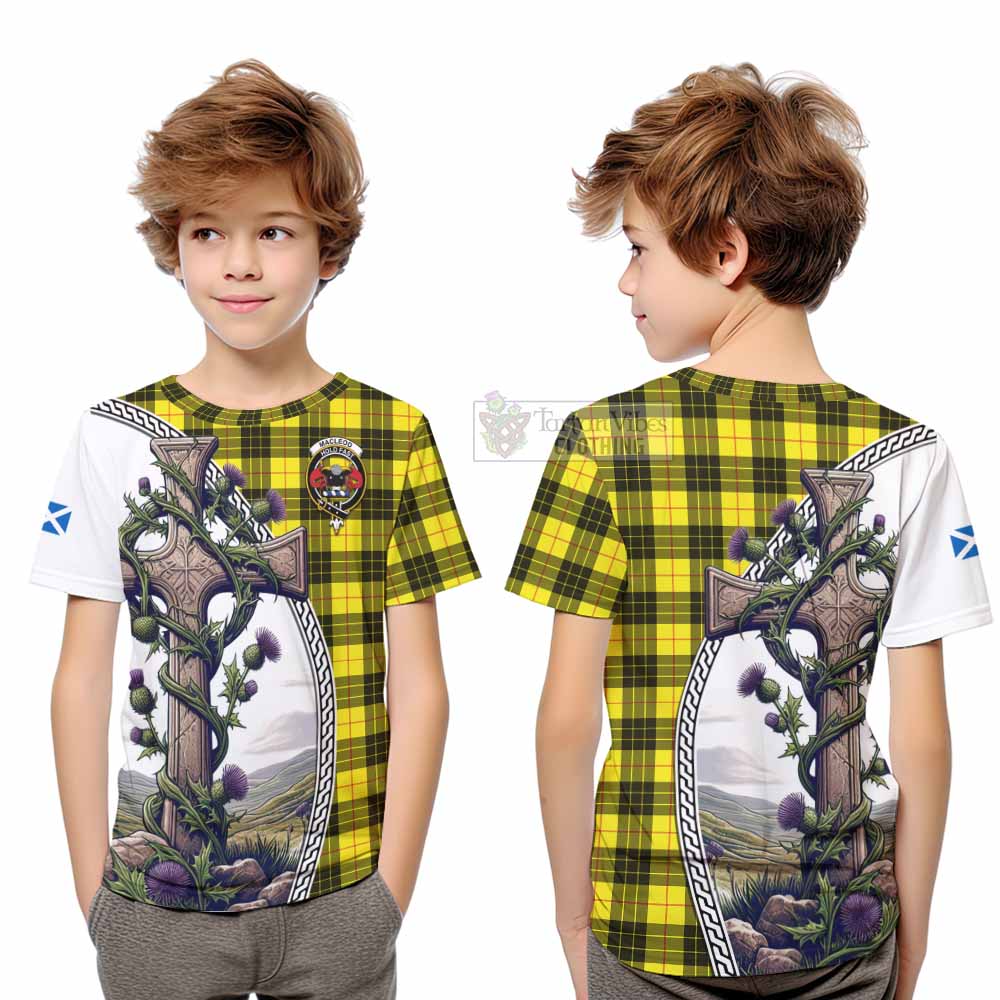 Tartan Vibes Clothing MacLeod (McLeod) Tartan Kid T-Shirt with Family Crest and St. Andrew's Cross Accented by Thistle Vines