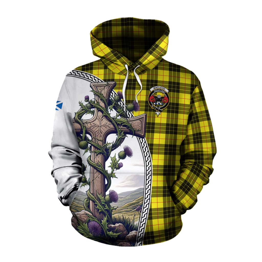 Tartan Vibes Clothing MacLeod (McLeod) Tartan Cotton Hoodie with Family Crest and St. Andrew's Cross Accented by Thistle Vines