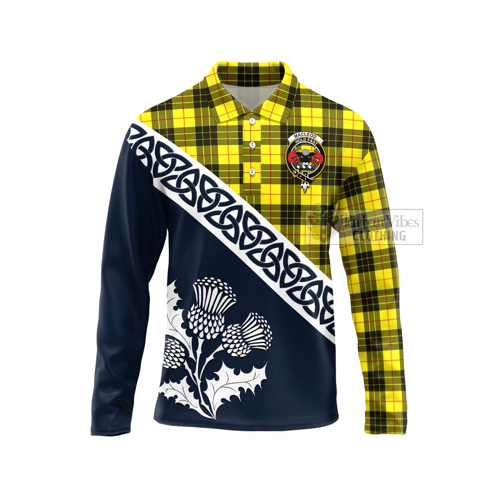 Tartan Vibes Clothing MacLeod (McLeod) Tartan Long Sleeve Polo Shirt Featuring Thistle and Scotland Map