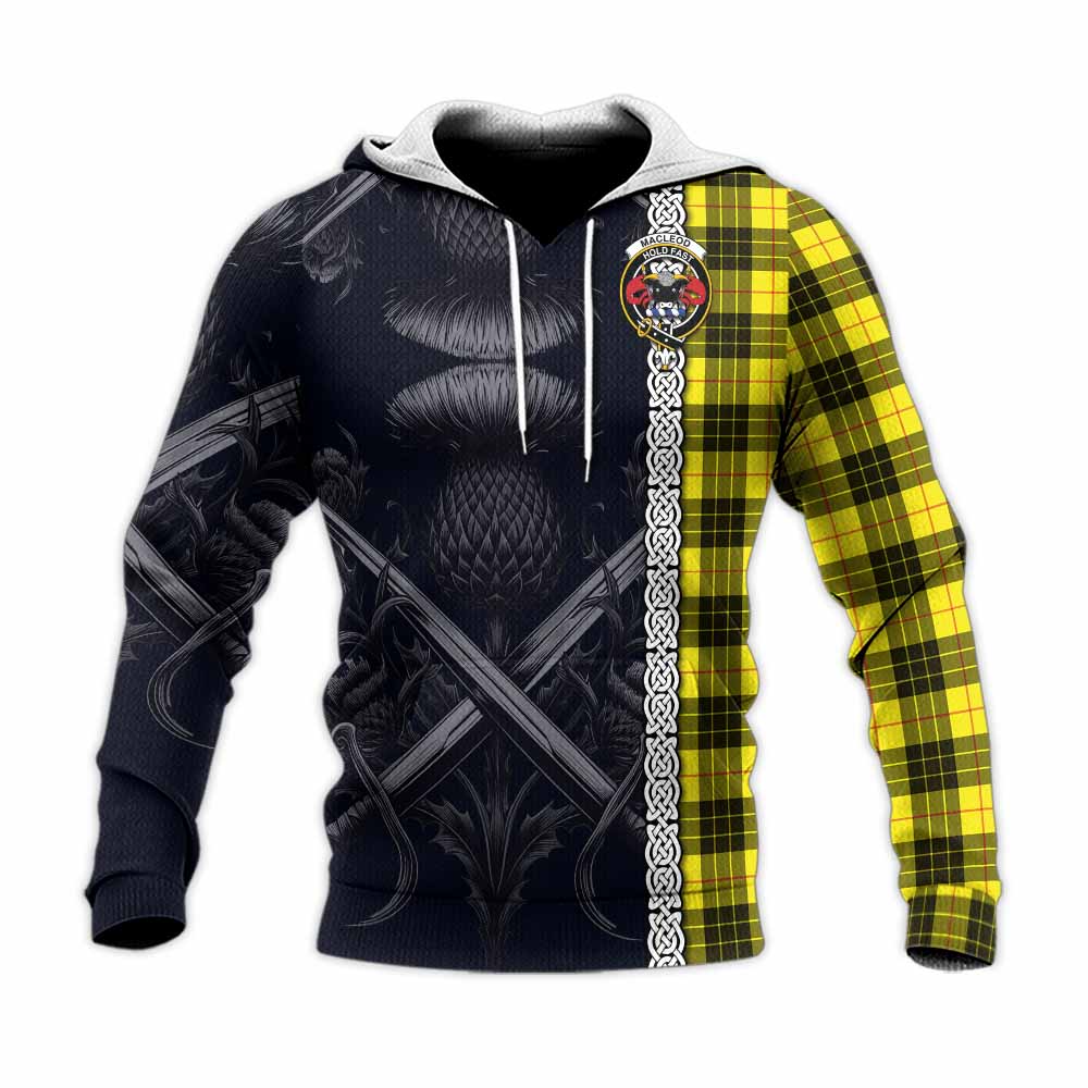 Tartan Vibes Clothing MacLeod (McLeod) Tartan Knitted Hoodie with Family Crest Cross Sword Thistle Celtic Vibes