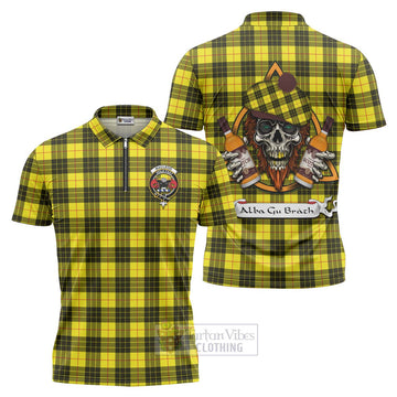 Tartan Vibes Clothing MacLeod (McLeod) Tartan Zipper Polo Shirt with Family Crest and Bearded Skull Holding Bottles of Whiskey