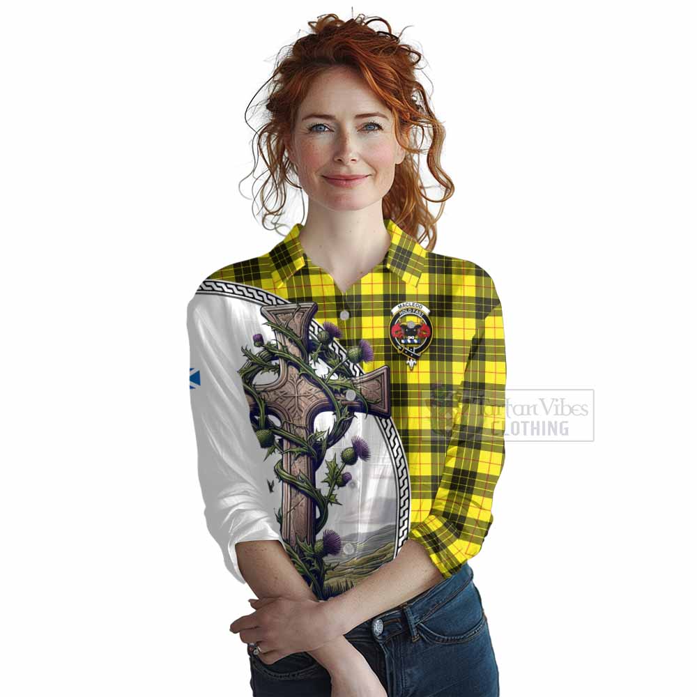 Tartan Vibes Clothing MacLeod (McLeod) Tartan Women's Casual Shirt with Family Crest and St. Andrew's Cross Accented by Thistle Vines