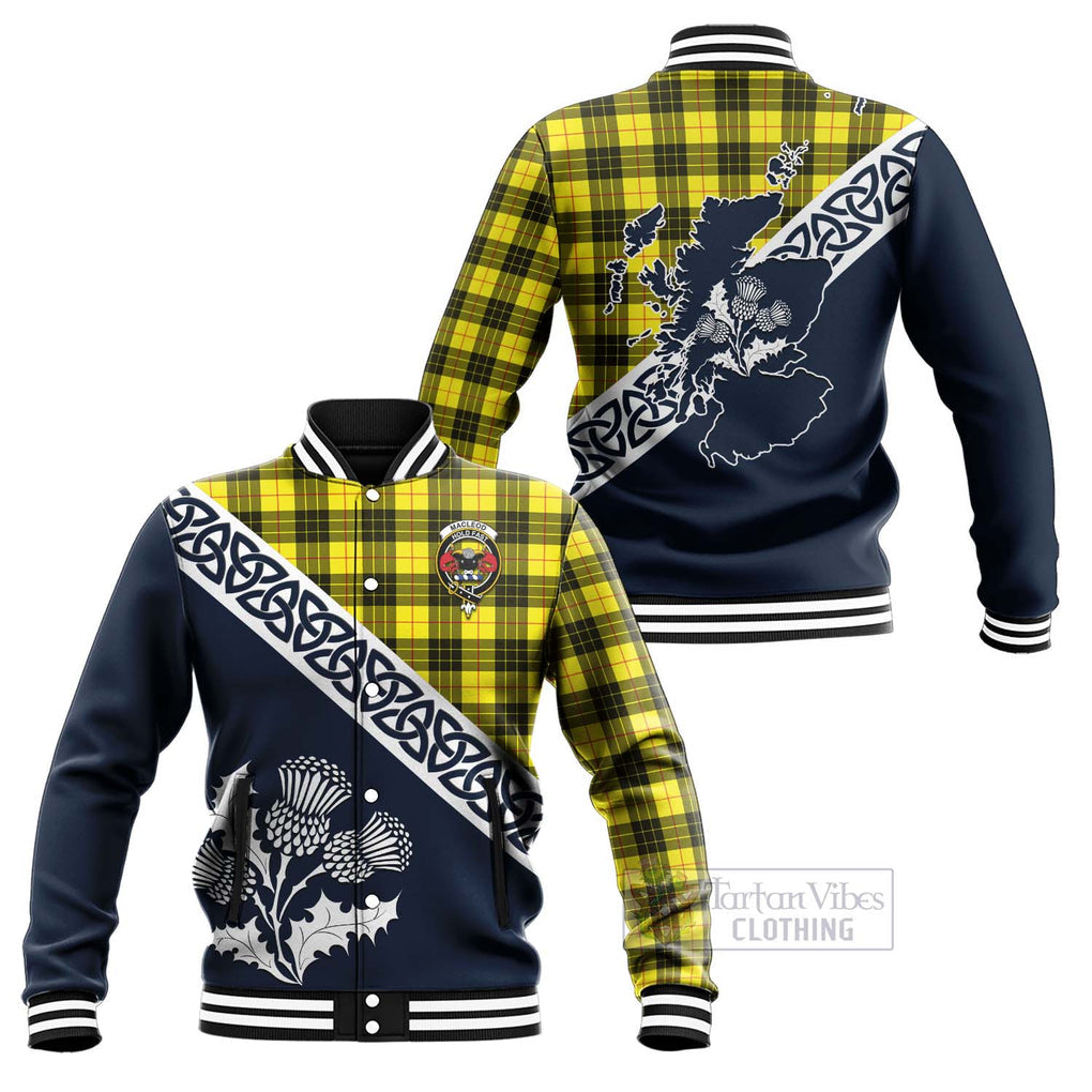 Tartan Vibes Clothing MacLeod (McLeod) Tartan Baseball Jacket Featuring Thistle and Scotland Map