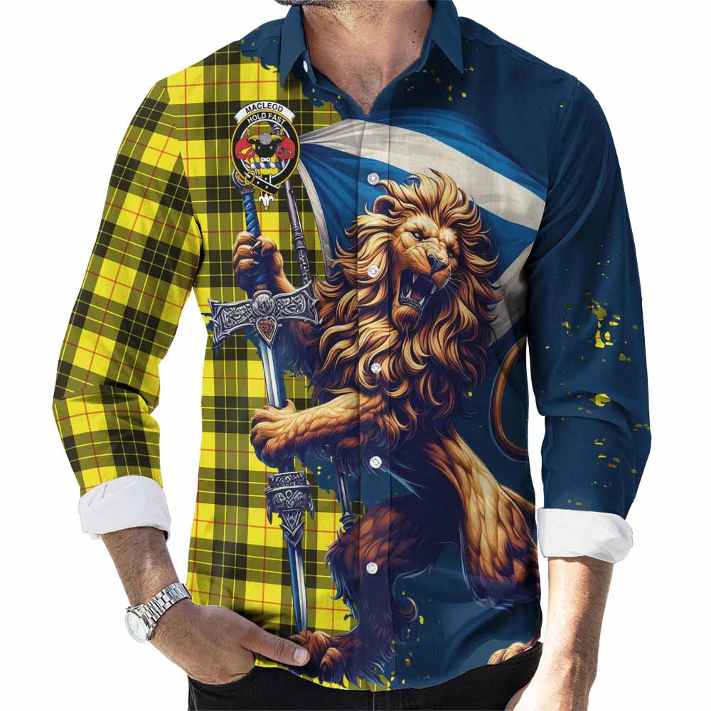 Tartan Vibes Clothing MacLeod (McLeod) Tartan Family Crest Long Sleeve Button Shirt with Scottish Majestic Lion