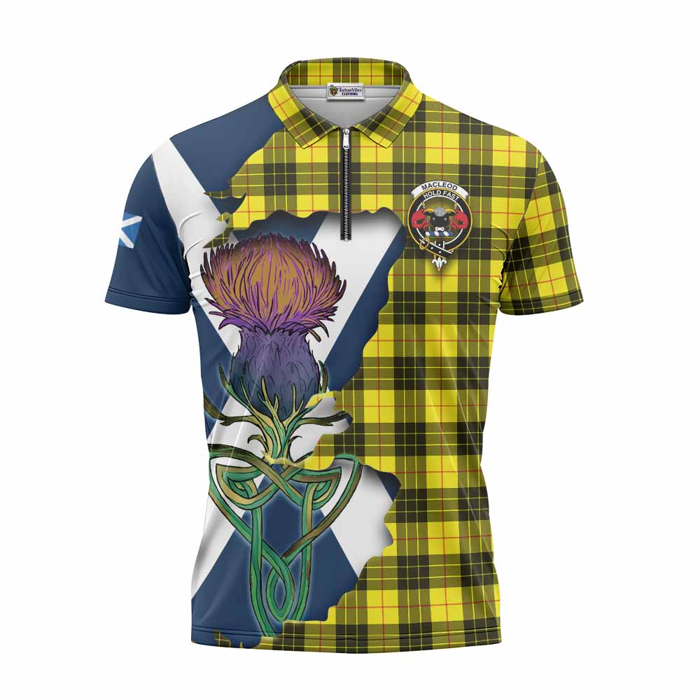 Tartan Vibes Clothing MacLeod (McLeod) Tartan Family Crest Zipper Polo Shirt Scottish Thistle Celtic Inspired