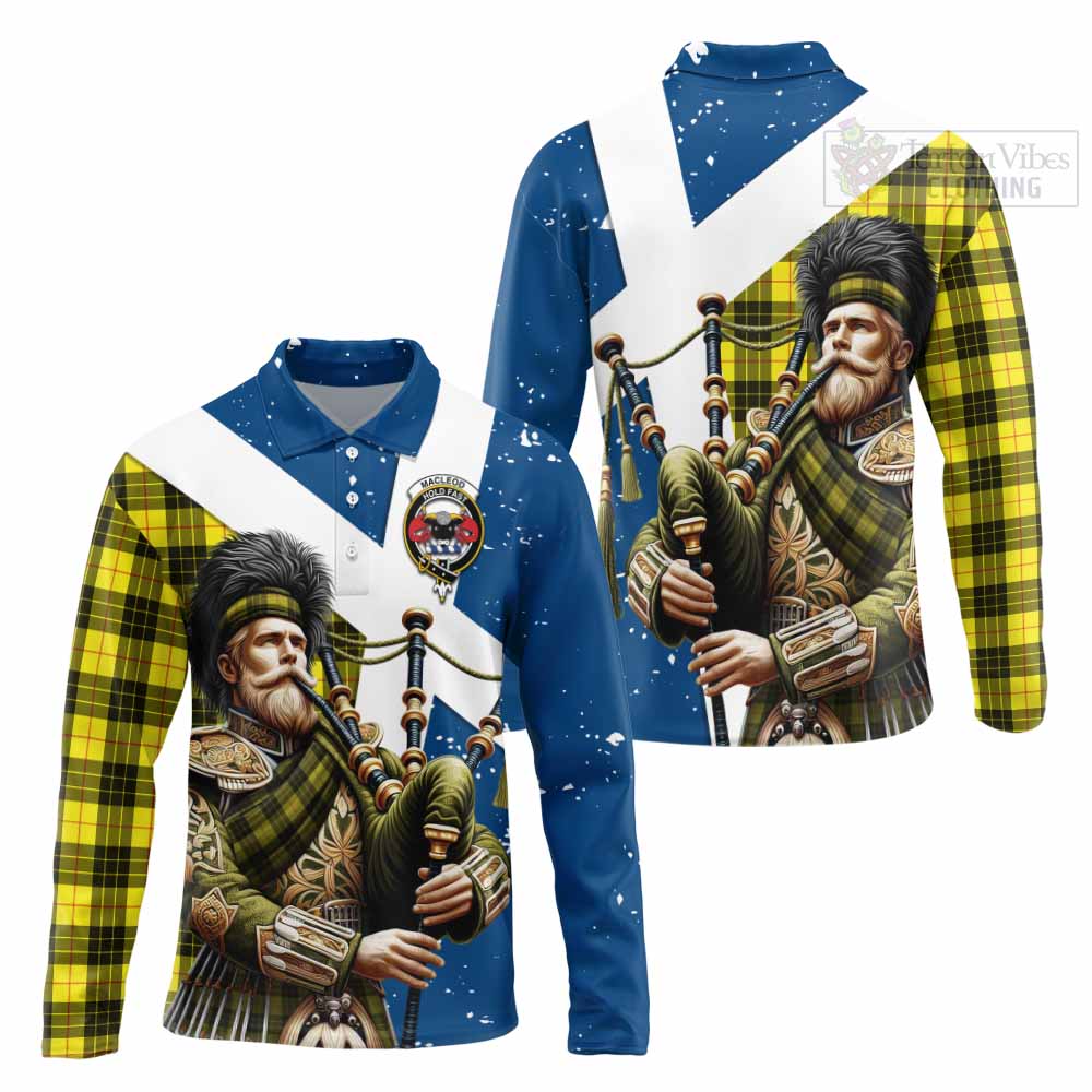 Tartan Vibes Clothing MacLeod (McLeod) Tartan Long Sleeve Polo Shirt with Family Crest Scottish Bagpiper Vibes