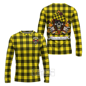 Tartan Vibes Clothing MacLeod (McLeod) Tartan Long Sleeve T-Shirt with Family Crest and Bearded Skull Holding Bottles of Whiskey