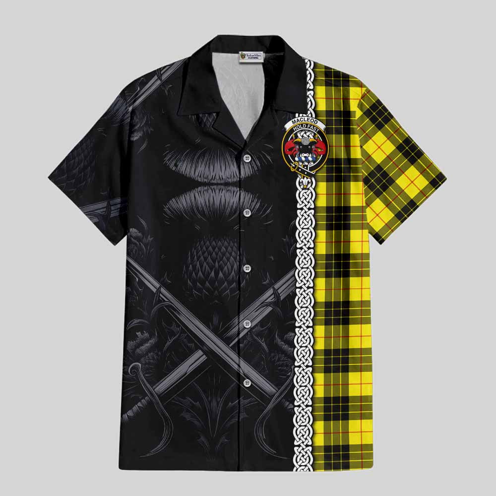 Tartan Vibes Clothing MacLeod (McLeod) Tartan Short Sleeve Button Shirt with Family Crest Cross Sword Thistle Celtic Vibes