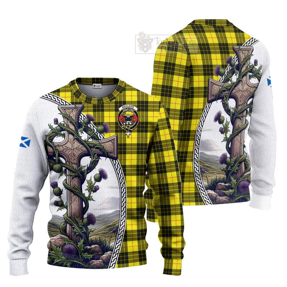 Tartan Vibes Clothing MacLeod (McLeod) Tartan Knitted Sweater with Family Crest and St. Andrew's Cross Accented by Thistle Vines