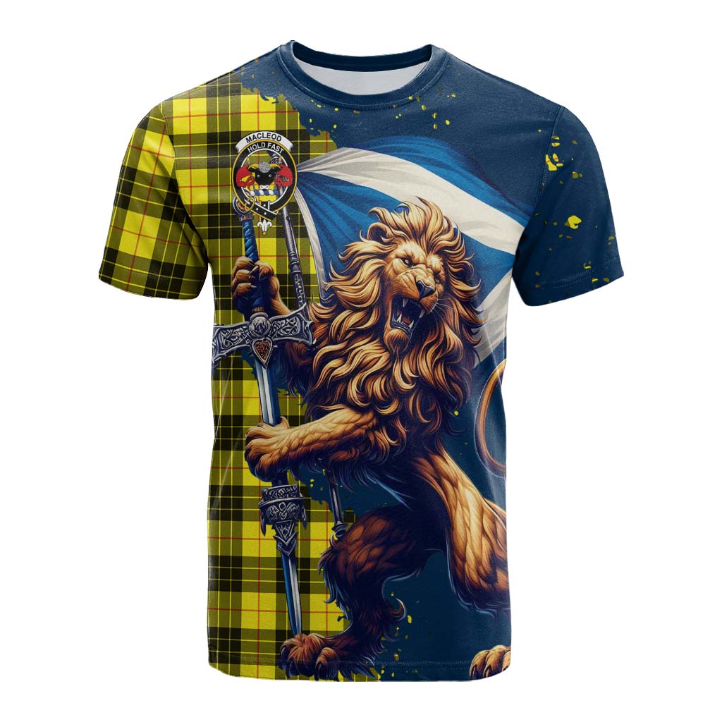 Tartan Vibes Clothing MacLeod (McLeod) Tartan Family Crest Cotton T-shirt with Scottish Majestic Lion