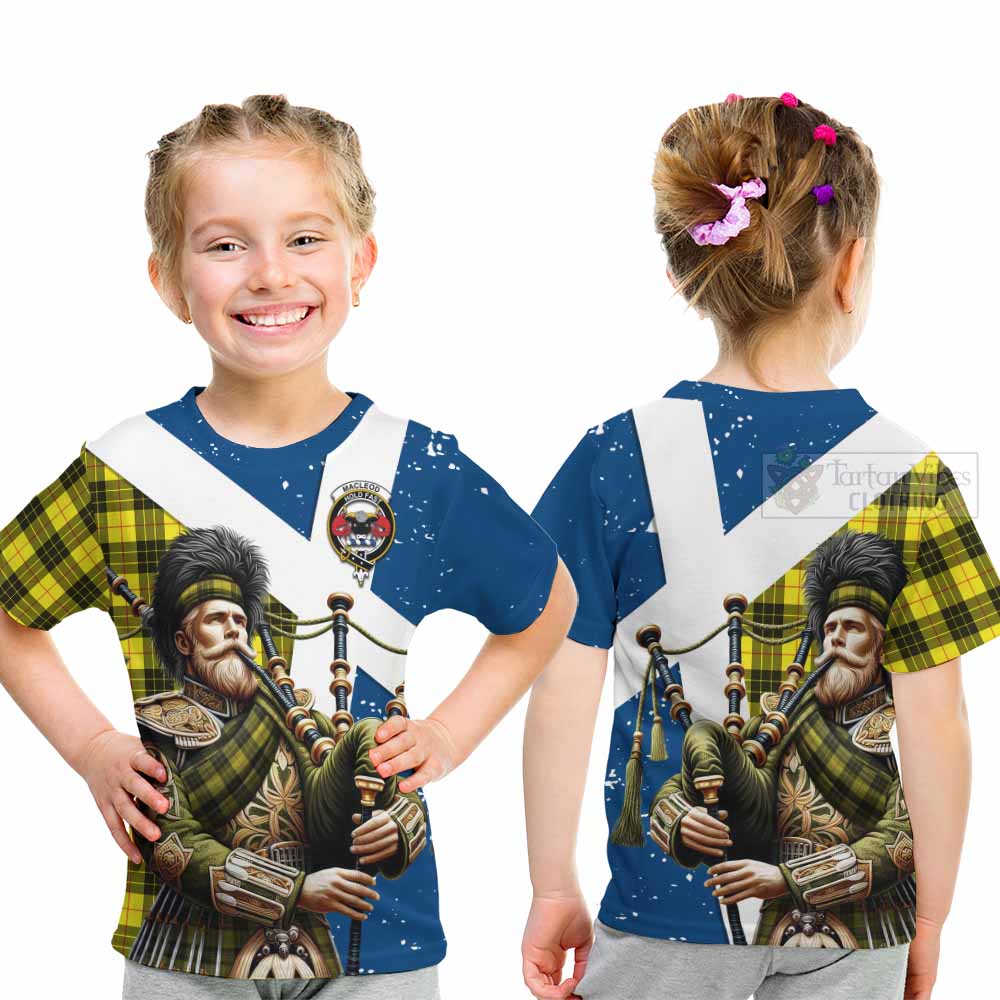 Tartan Vibes Clothing MacLeod (McLeod) Tartan Kid T-Shirt with Family Crest Scottish Bagpiper Vibes