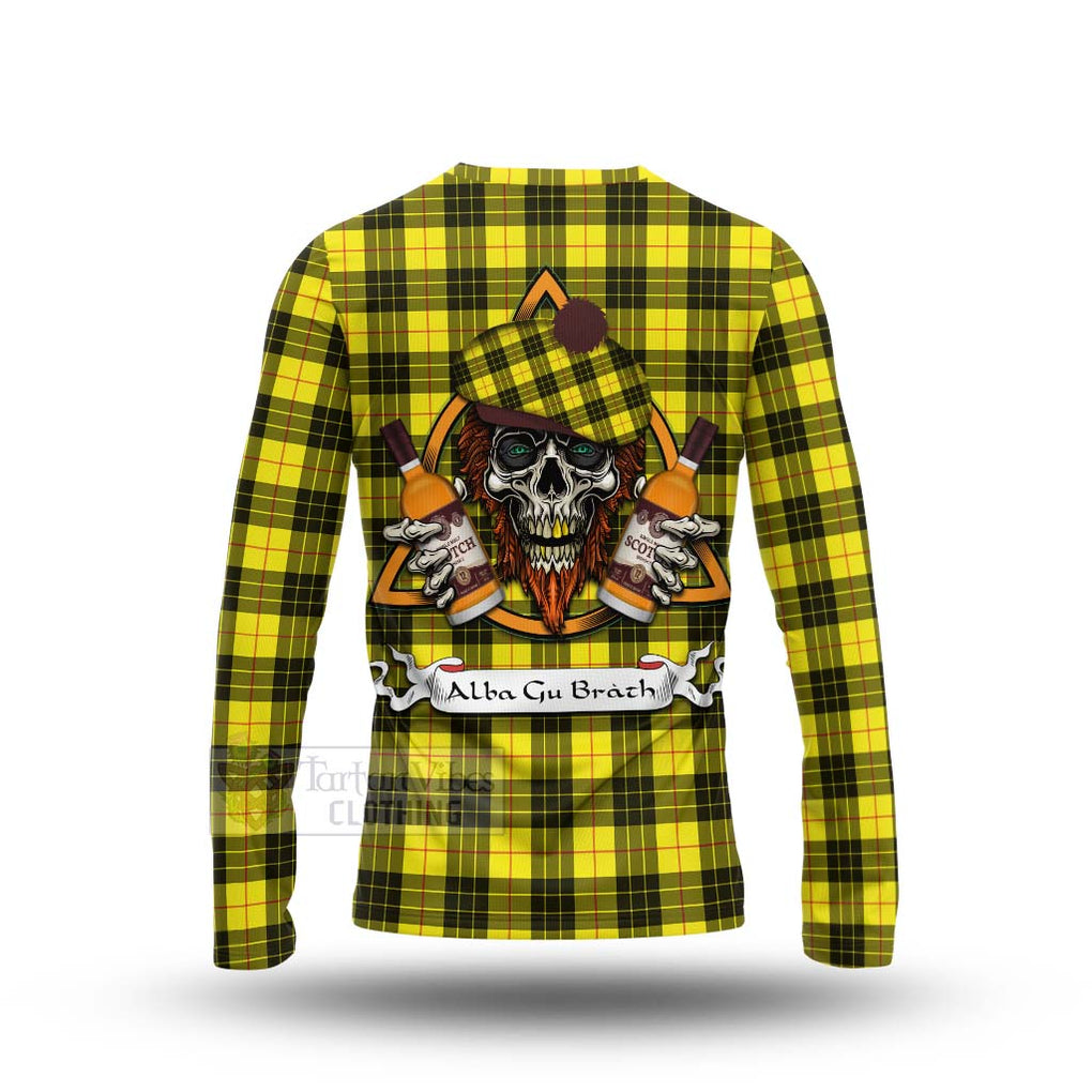 Tartan Vibes Clothing MacLeod (McLeod) Tartan Long Sleeve T-Shirt with Family Crest and Bearded Skull Holding Bottles of Whiskey