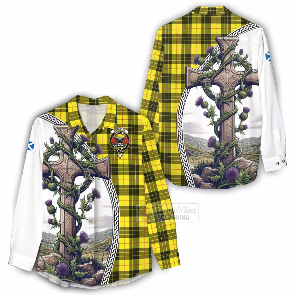 Tartan Vibes Clothing MacLeod (McLeod) Tartan Women's Casual Shirt with Family Crest and St. Andrew's Cross Accented by Thistle Vines