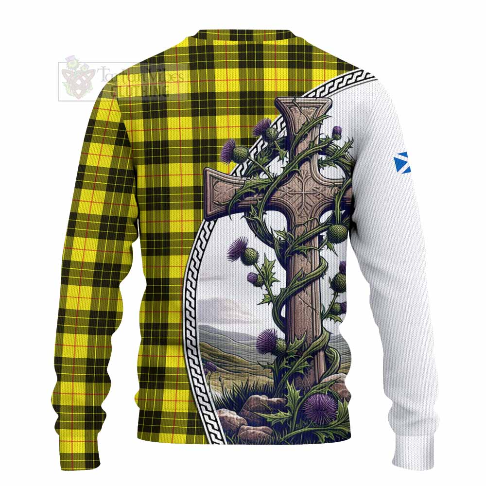 Tartan Vibes Clothing MacLeod (McLeod) Tartan Knitted Sweater with Family Crest and St. Andrew's Cross Accented by Thistle Vines