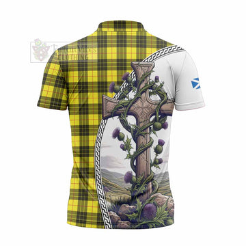 Tartan Vibes Clothing MacLeod (McLeod) Tartan Zipper Polo Shirt with Family Crest and St. Andrew's Cross Accented by Thistle Vines