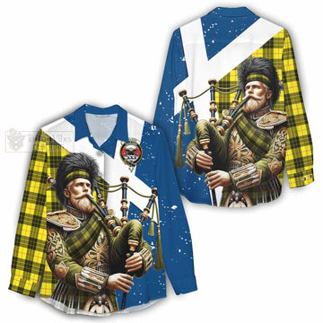 Tartan Vibes Clothing MacLeod (McLeod) Tartan Women's Casual Shirt with Family Crest Scottish Bagpiper Vibes