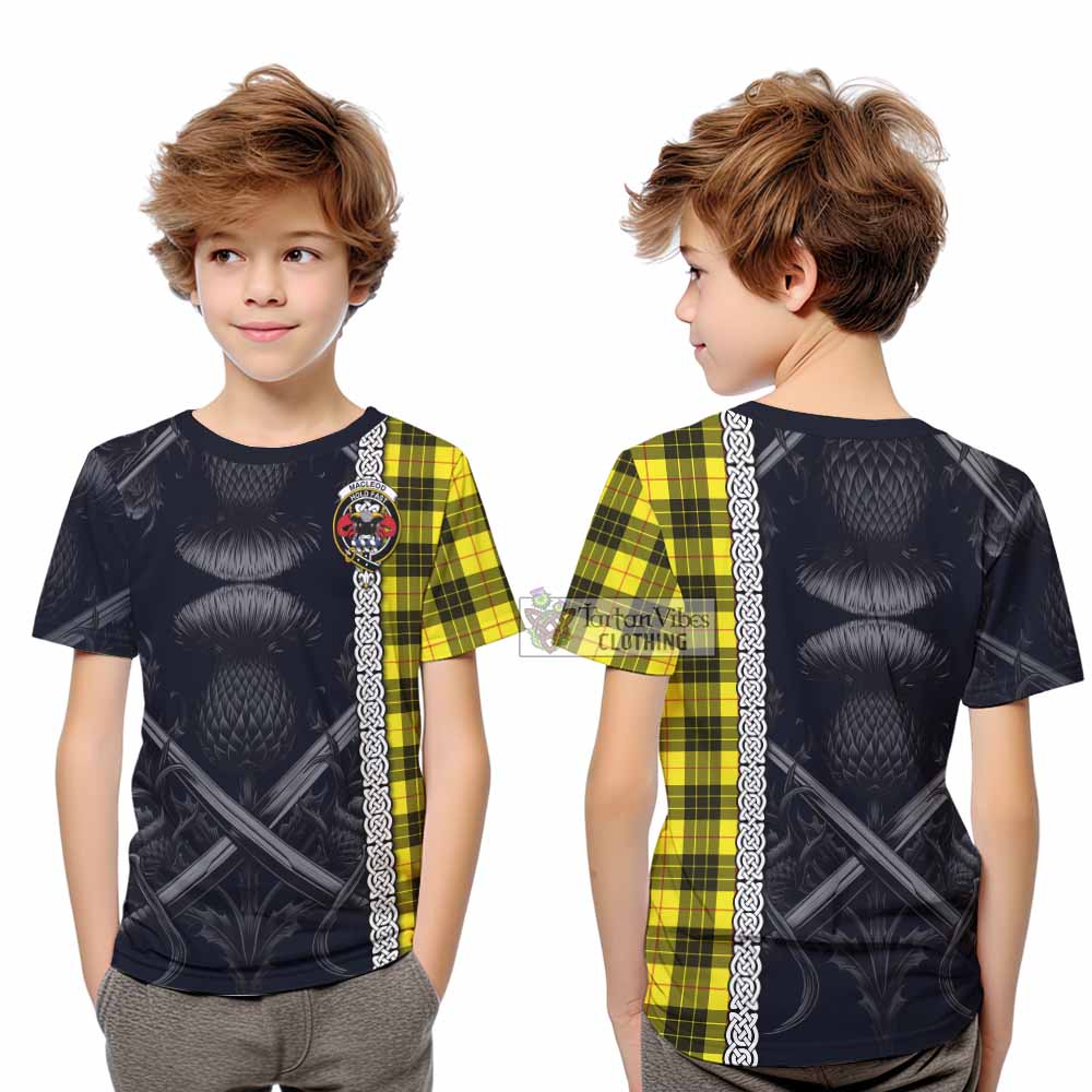 Tartan Vibes Clothing MacLeod (McLeod) Tartan Kid T-Shirt with Family Crest Cross Sword Thistle Celtic Vibes