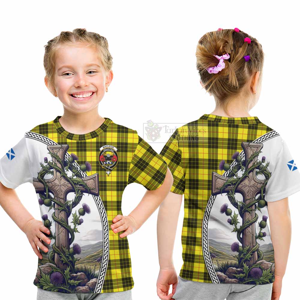 Tartan Vibes Clothing MacLeod (McLeod) Tartan Kid T-Shirt with Family Crest and St. Andrew's Cross Accented by Thistle Vines