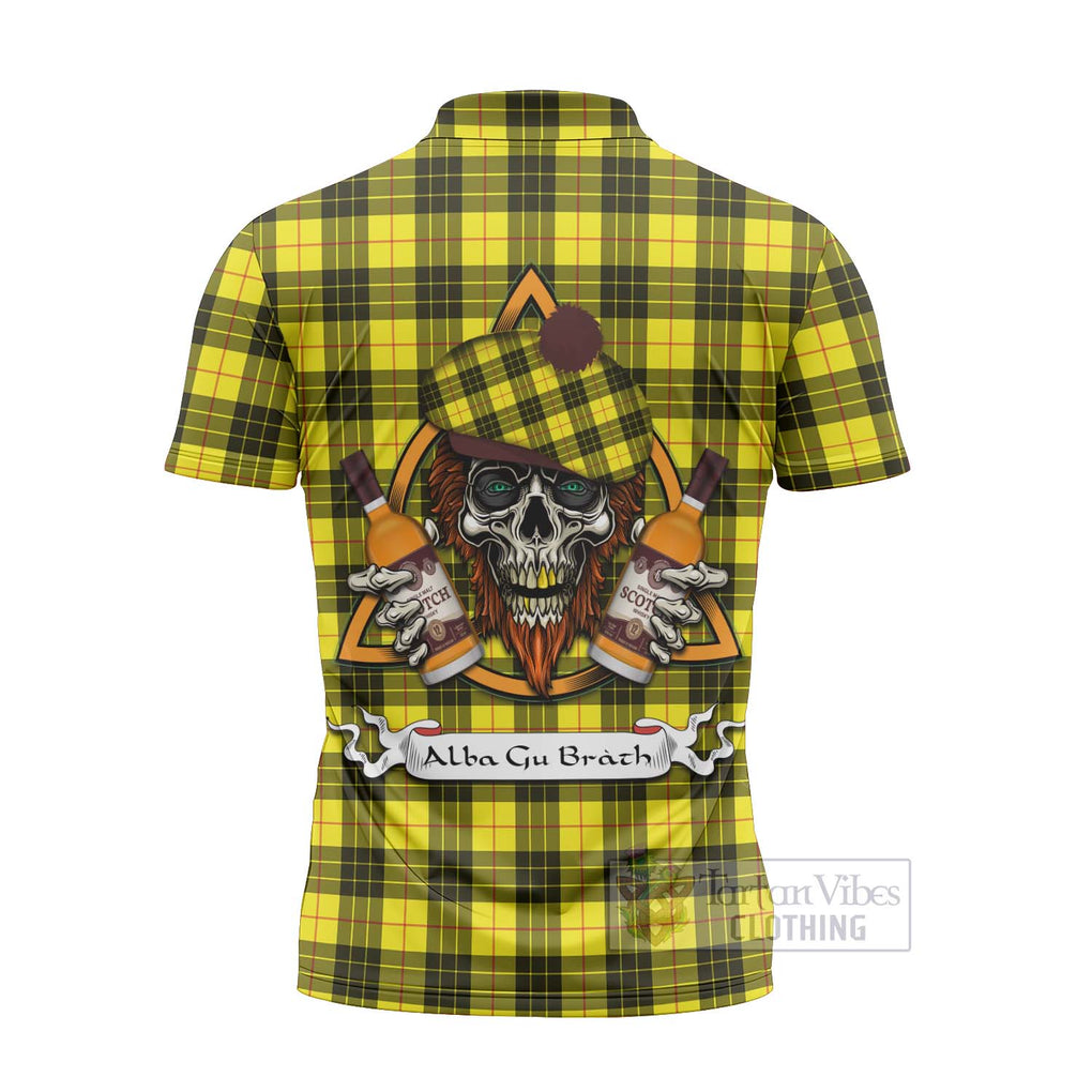 Tartan Vibes Clothing MacLeod (McLeod) Tartan Zipper Polo Shirt with Family Crest and Bearded Skull Holding Bottles of Whiskey