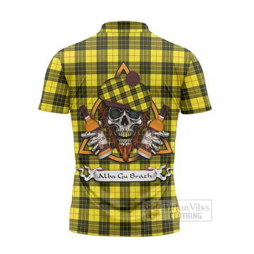 Tartan Vibes Clothing MacLeod (McLeod) Tartan Zipper Polo Shirt with Family Crest and Bearded Skull Holding Bottles of Whiskey