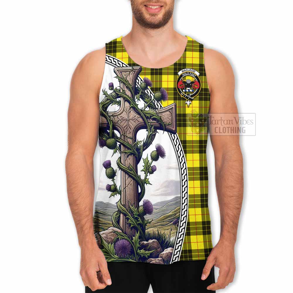 Tartan Vibes Clothing MacLeod (McLeod) Tartan Men's Tank Top with Family Crest and St. Andrew's Cross Accented by Thistle Vines