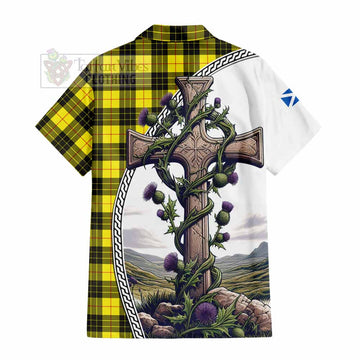 Tartan Vibes Clothing MacLeod (McLeod) Tartan Short Sleeve Button Shirt with Family Crest and St. Andrew's Cross Accented by Thistle Vines
