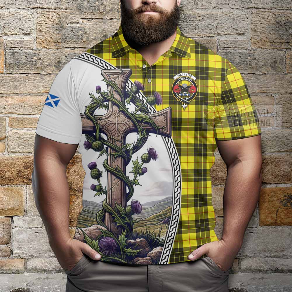 Tartan Vibes Clothing MacLeod (McLeod) Tartan Polo Shirt with Family Crest and St. Andrew's Cross Accented by Thistle Vines