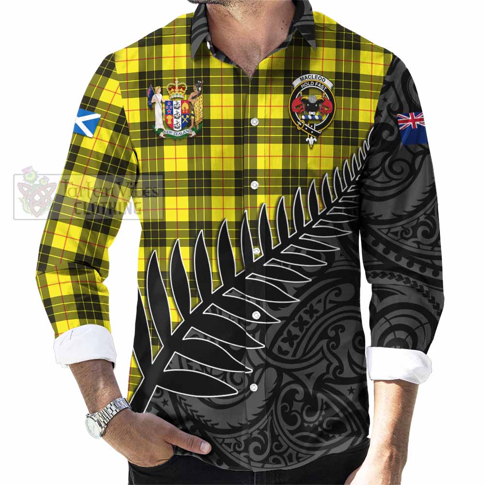 Tartan Vibes Clothing MacLeod (McLeod) Crest Tartan Long Sleeve Button Shirt with New Zealand Silver Fern Half Style