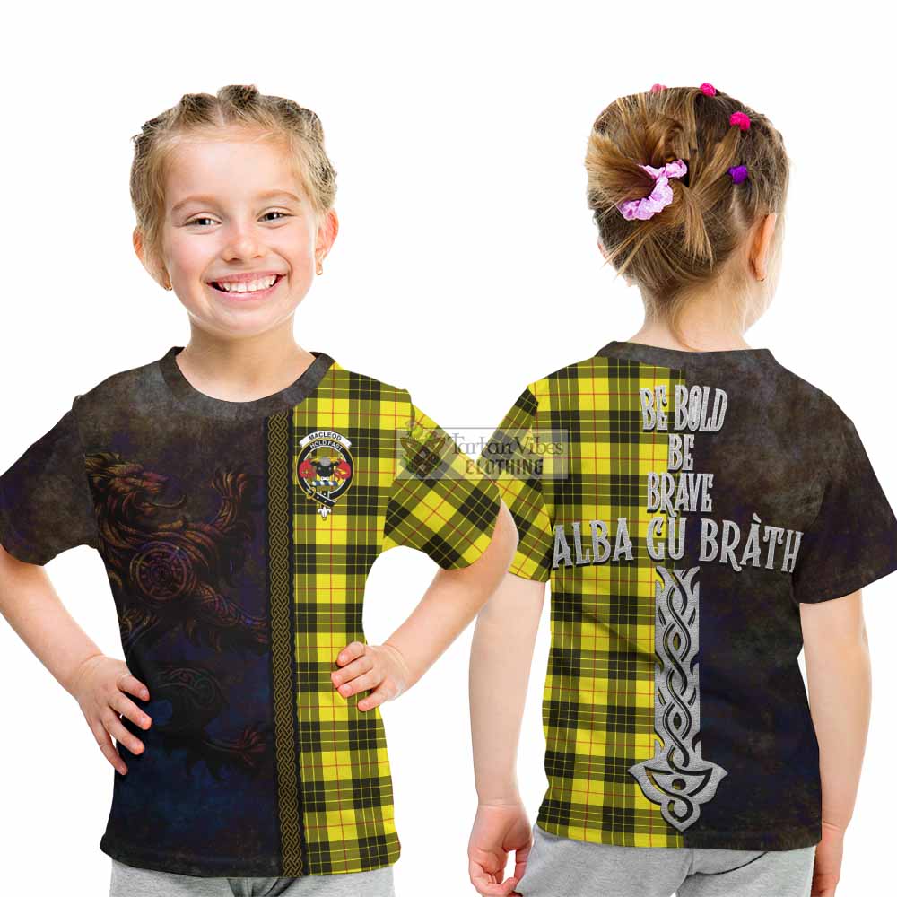 Tartan Vibes Clothing MacLeod (McLeod) Tartan Family Crest Kid T-Shirt Alba Gu Brath Be Brave Lion Ancient Style