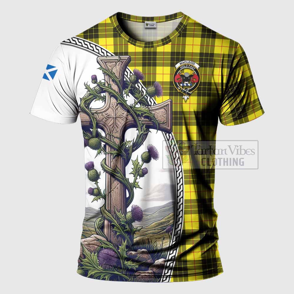 Tartan Vibes Clothing MacLeod (McLeod) Agnew Tartan T-Shirt with Family Crest and St. Andrew's Cross Accented by Thistle Vines