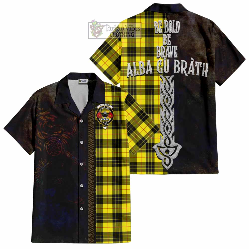 Tartan Vibes Clothing MacLeod (McLeod) Tartan Family Crest Short Sleeve Button Shirt Alba Gu Brath Be Brave Lion Ancient Style