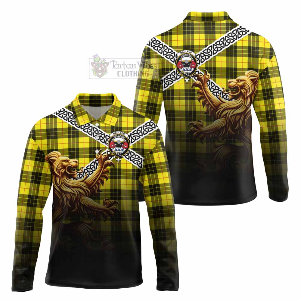 Tartan Vibes Clothing MacLeod (McLeod) Crest Tartan Long Sleeve Polo Shirt with Golden Lion Emblem Celtic Style