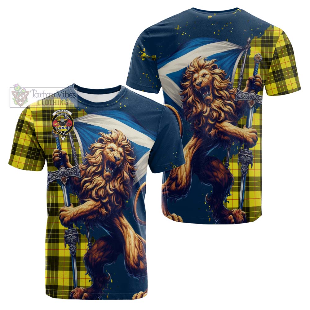 Tartan Vibes Clothing MacLeod (McLeod) Tartan Family Crest Cotton T-shirt with Scottish Majestic Lion