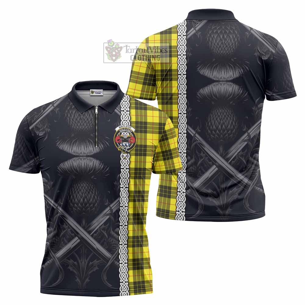 Tartan Vibes Clothing MacLeod (McLeod) Tartan Zipper Polo Shirt with Family Crest Cross Sword Thistle Celtic Vibes