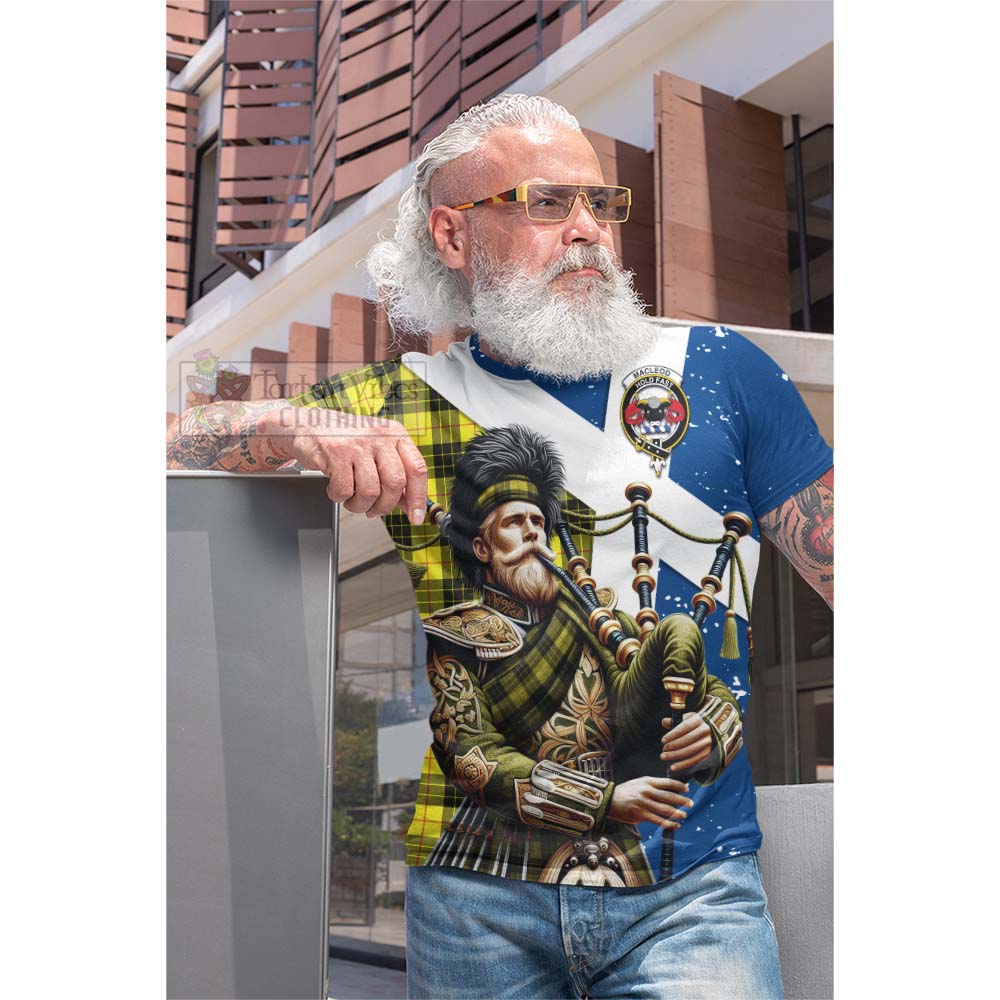 Tartan Vibes Clothing MacLeod (McLeod) Tartan Cotton T-shirt with Family Crest Scottish Bagpiper Vibes