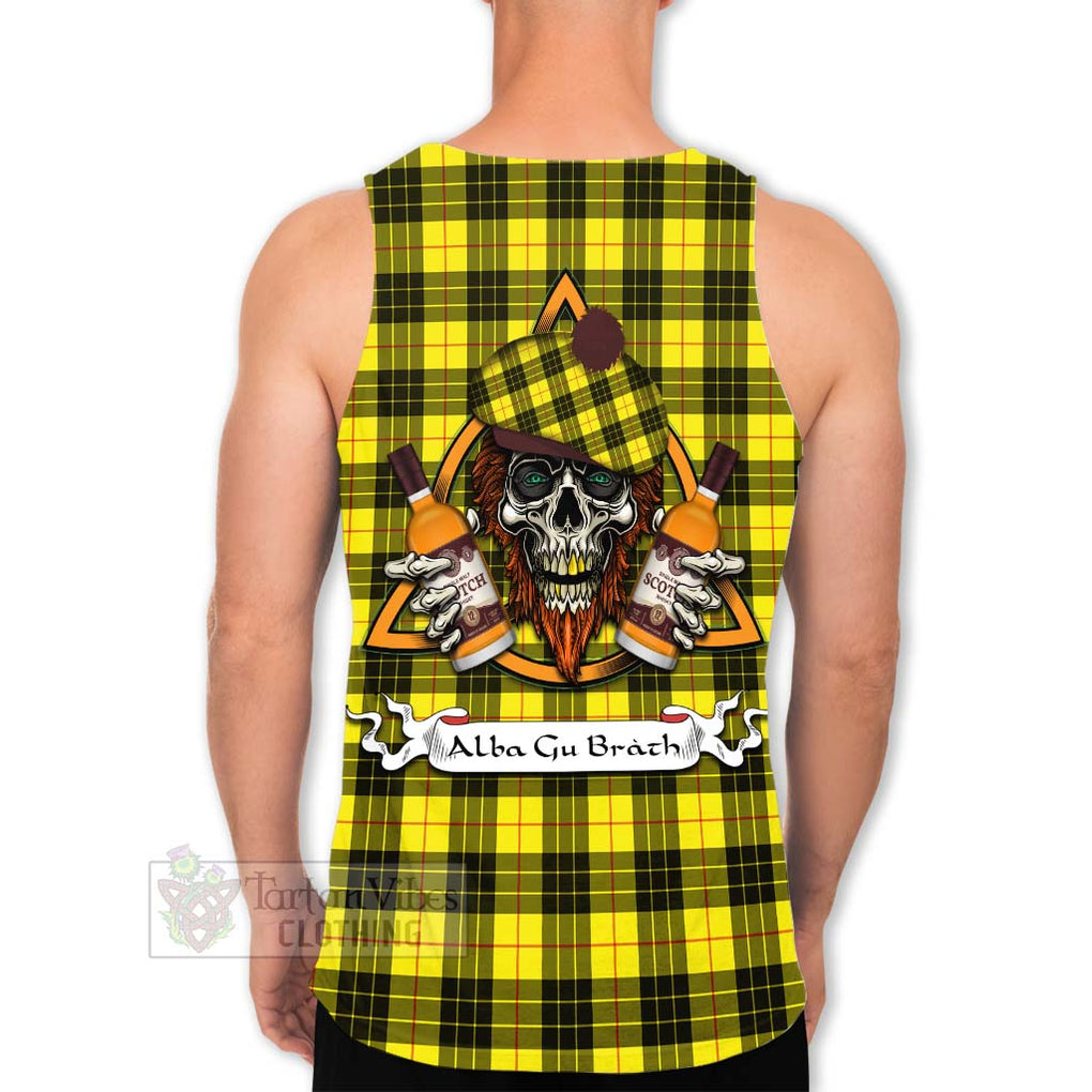 Tartan Vibes Clothing MacLeod (McLeod) Tartan Men's Tank Top with Family Crest and Bearded Skull Holding Bottles of Whiskey