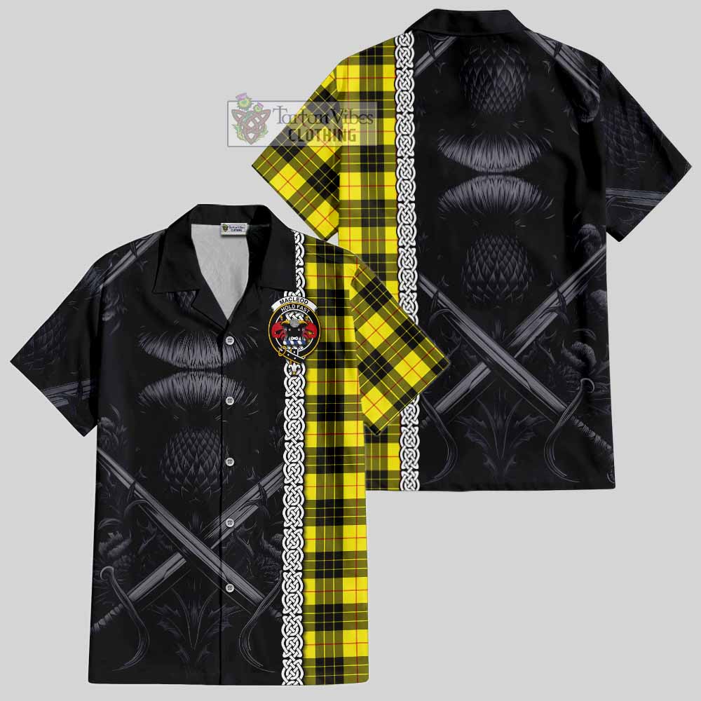 Tartan Vibes Clothing MacLeod (McLeod) Tartan Short Sleeve Button Shirt with Family Crest Cross Sword Thistle Celtic Vibes